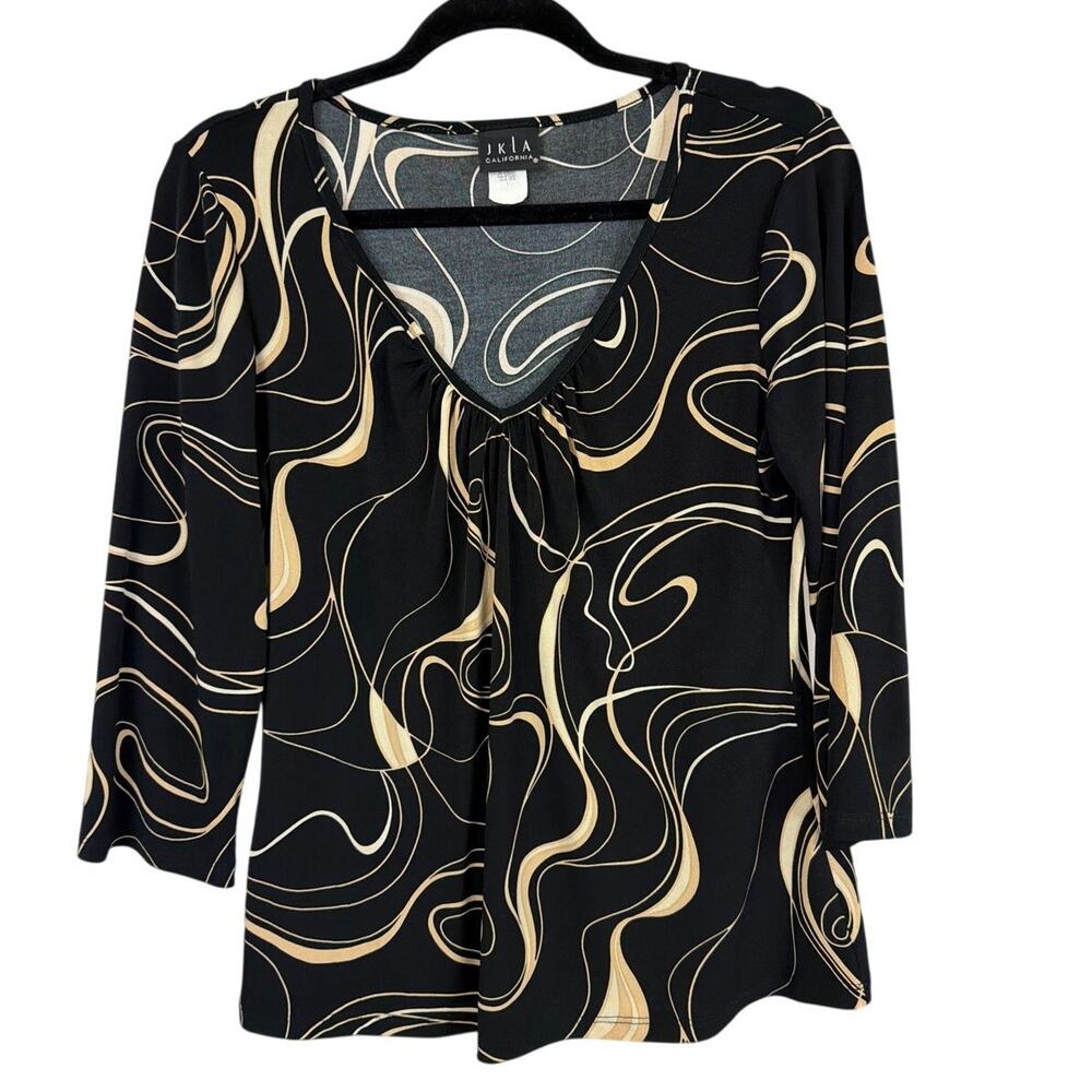 JKLA California Black and Cream Swirl Flowy V-Neck Top Large